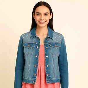 M. Sara Blue Denim Rhinestone beaded Embellished Jacket Size Small